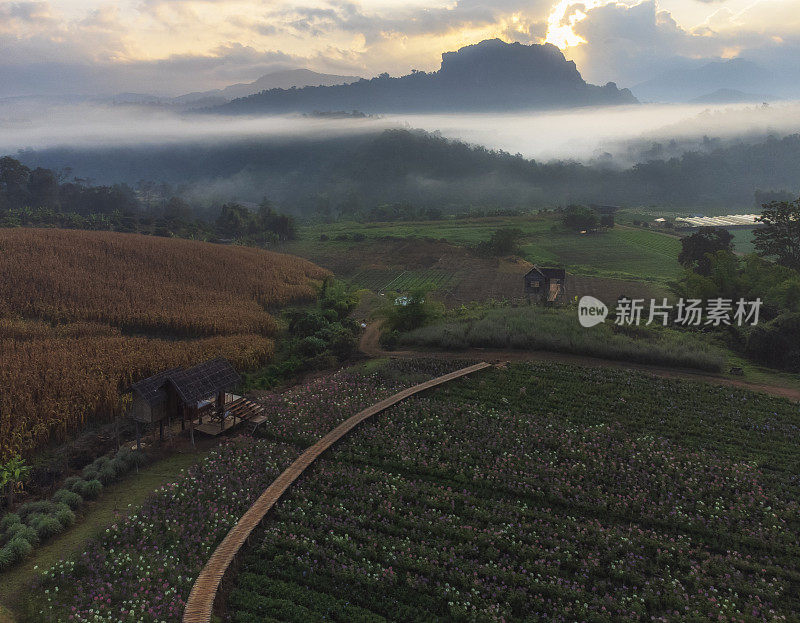 在泰国清迈省的Doi Luang Chiang Dao，日出时美丽的空中景观。